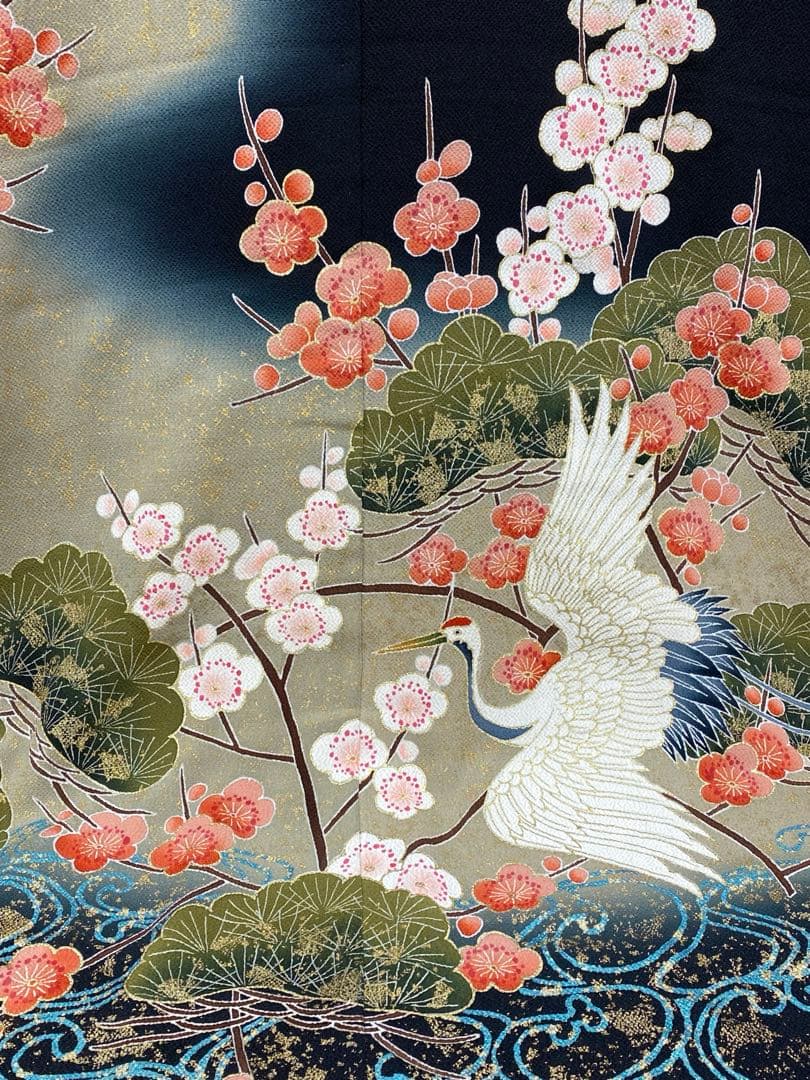 引き振袖 婚礼 花嫁用 鶴 藤 ちりめん比翼付き 正絹 身丈193cm