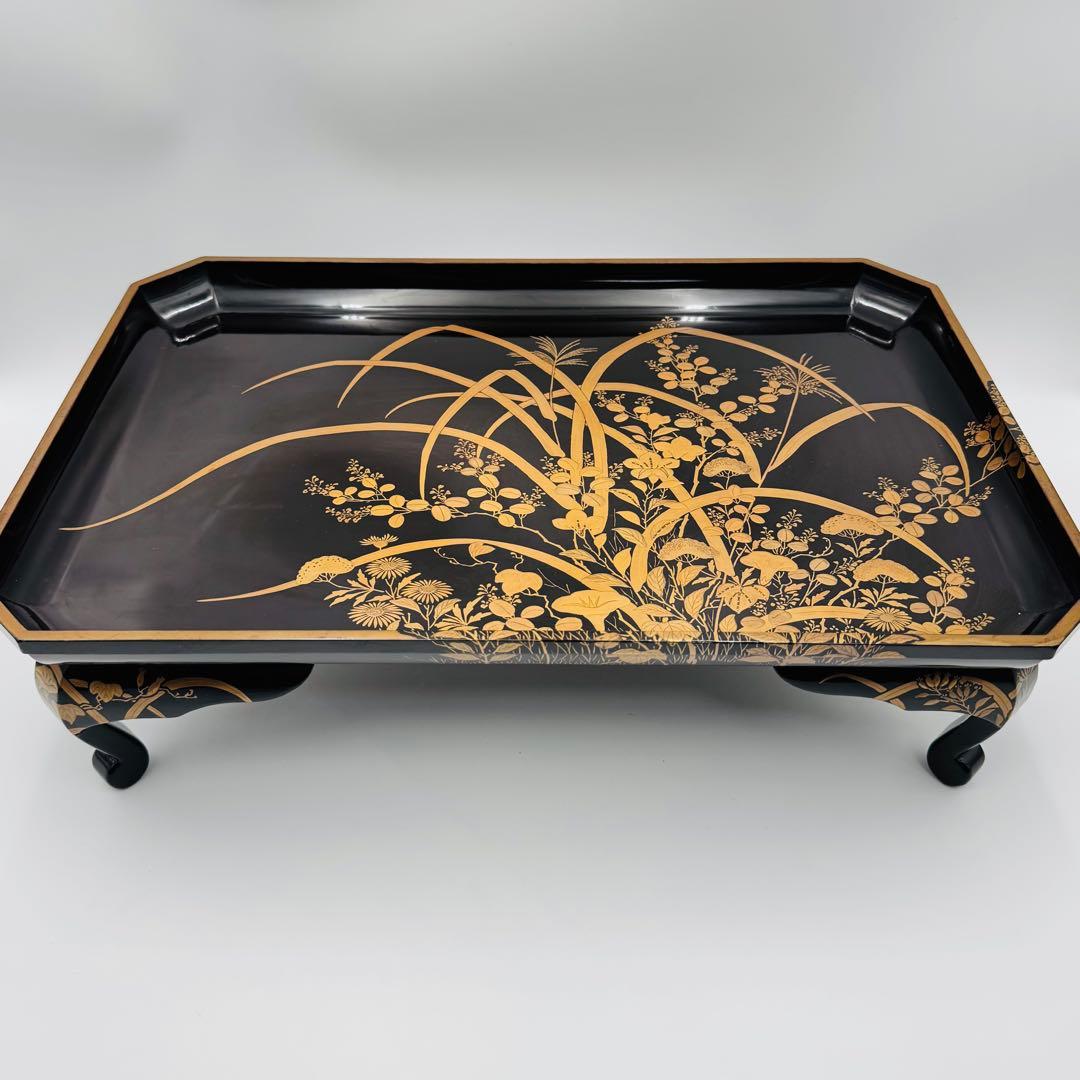 【長野横笛　黒箪花蒔絵香盆　膳　卓】漆芸　木箱　伝統工芸　明治　京漆器　秋草