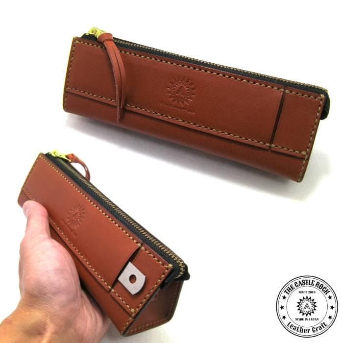 栃木レザー 本革 ペンケース 大容量 定規入る 生成り ヌメ革 名入れ刻印