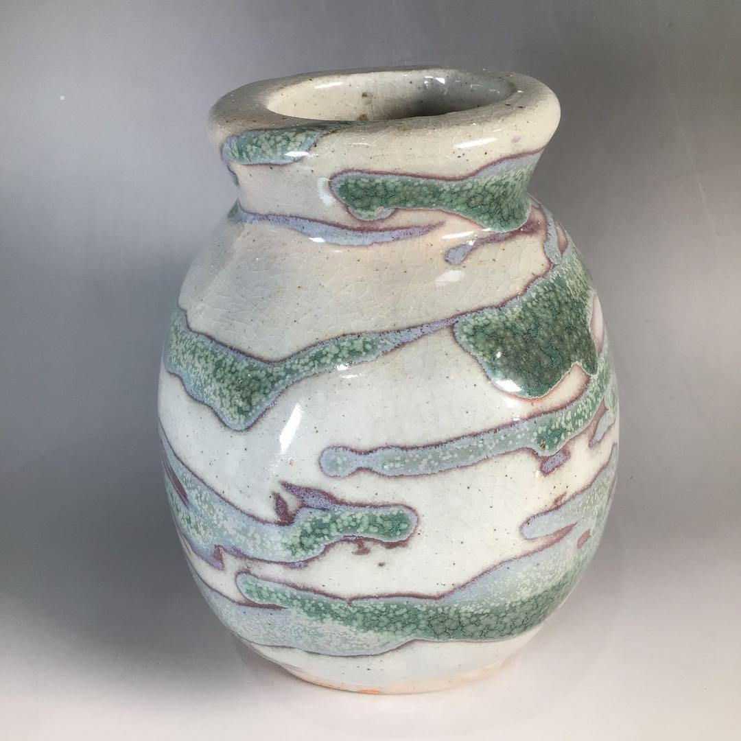 Ｎ６０５　扁壺　『益子窯　木村充造』『青釉流文』『花生』　共箱　花器