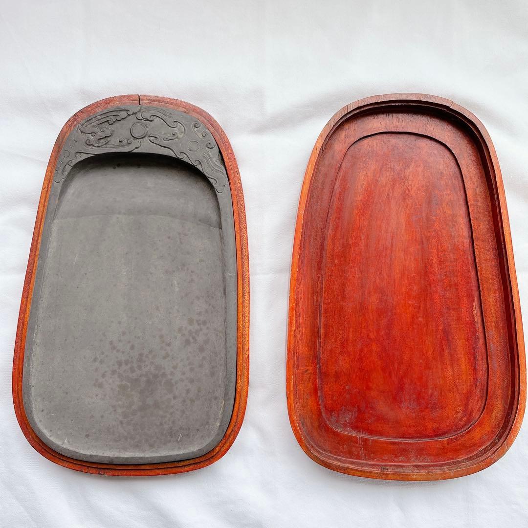 中国　硯＋筆2本　セット販売　石製書道硯　硯箱　すずり　木箱入　書道　習字道具