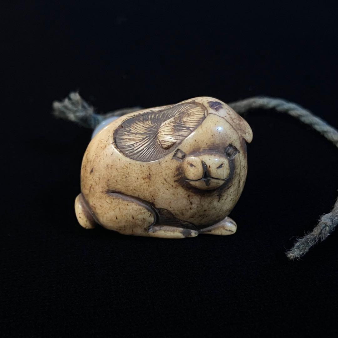提げ物　根付　骨材　犬　天然素材　在銘　友一　彫刻