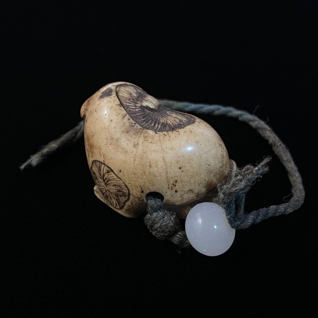 提げ物　根付　骨材　犬　天然素材　在銘　友一　彫刻