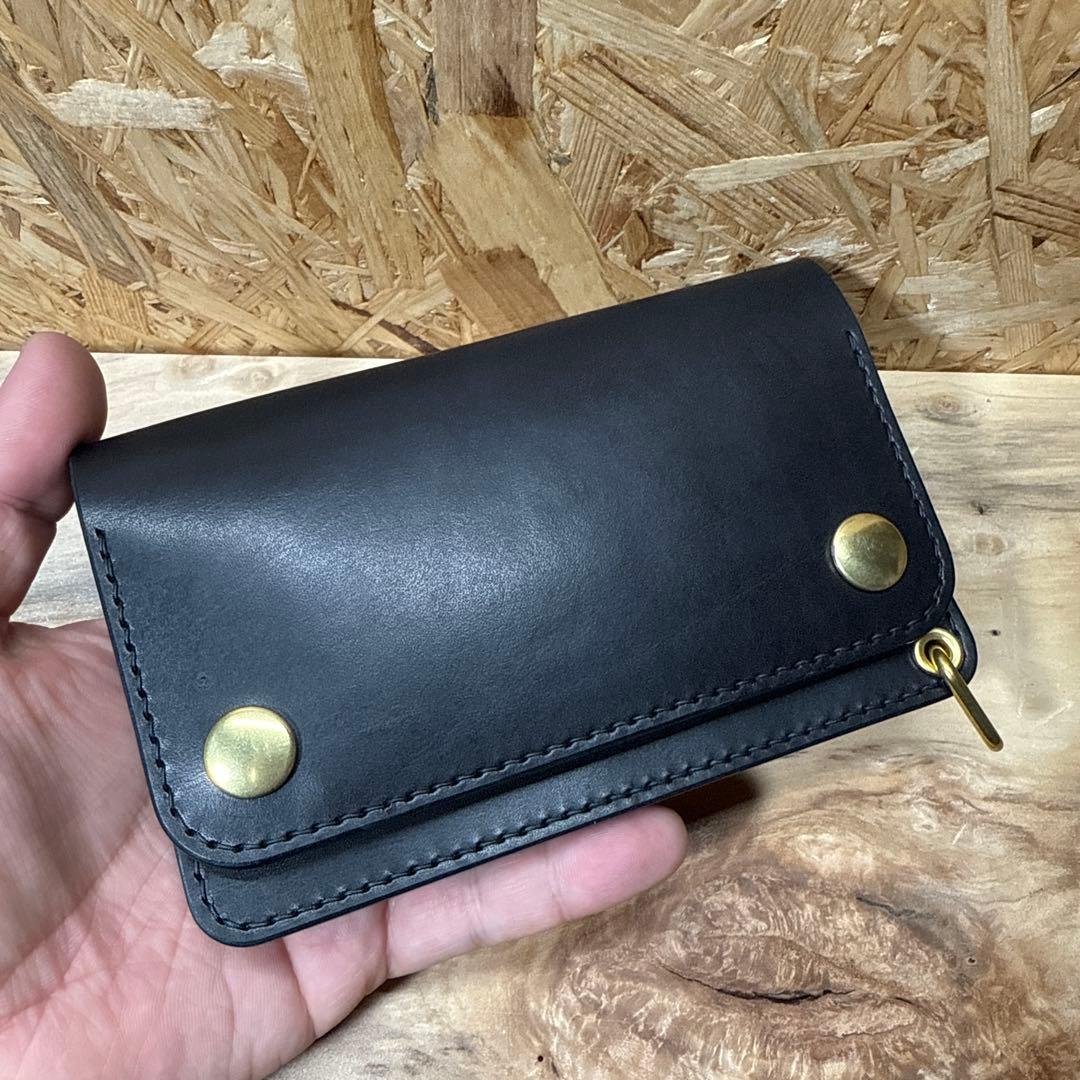 150 カスタム ミドル トラッカーウォレット 姫路レザー オイルヌメ 真鍮 黒