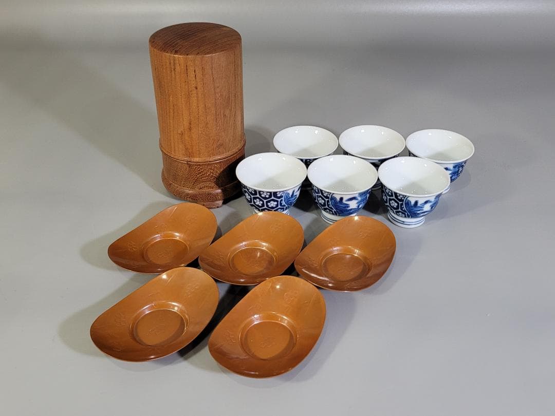 煎茶 染付碗 桑茶器櫃 銅茶托 まとめて