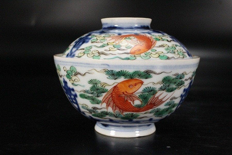 中国美術 彷古 五彩 藻草魚紋 蓋碗 乾隆款 五件 送料無料