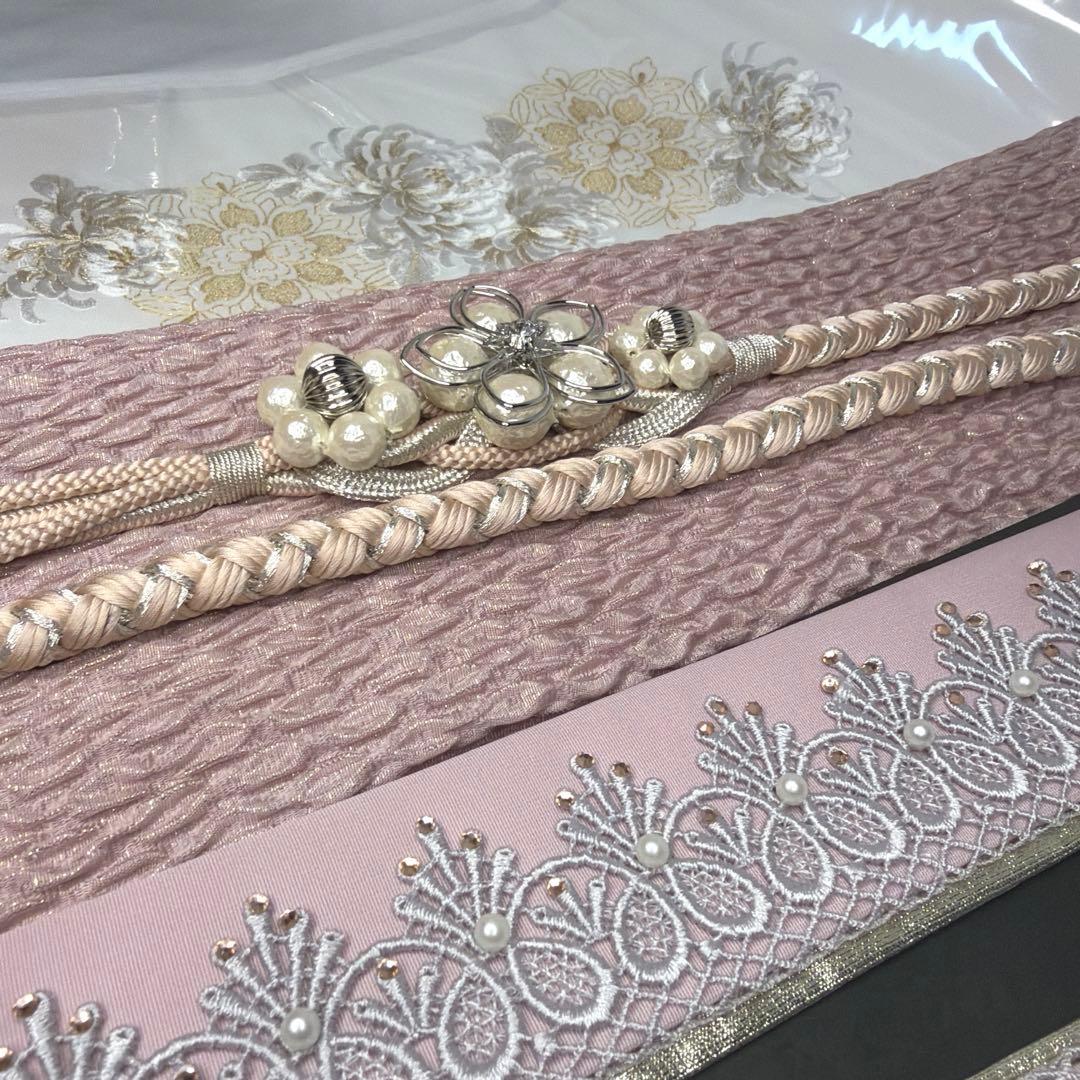 新品　振袖用　2027年モデル　帯締め　帯揚げ　半襟　重ね襟　くすみピンク