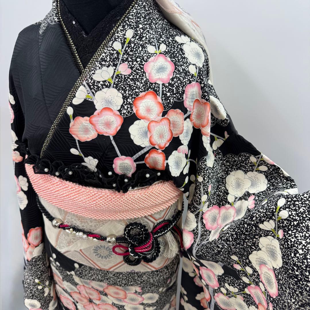 豪華振袖9点フルセット 地紋　銀駒刺繍　黒地　梅紋様　成人式　お正月　結婚式