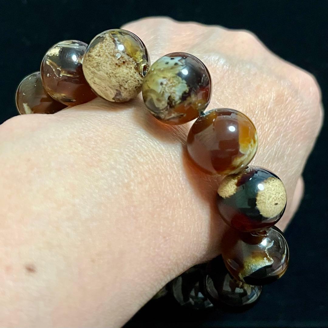 高品質 琥珀 17mmブルー レッド アンバー ブレスレット 守護石 化石