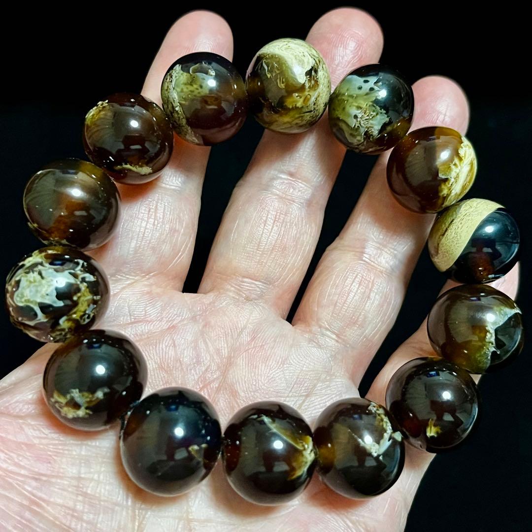 高品質 琥珀 17mmブルー レッド アンバー ブレスレット 守護石 化石