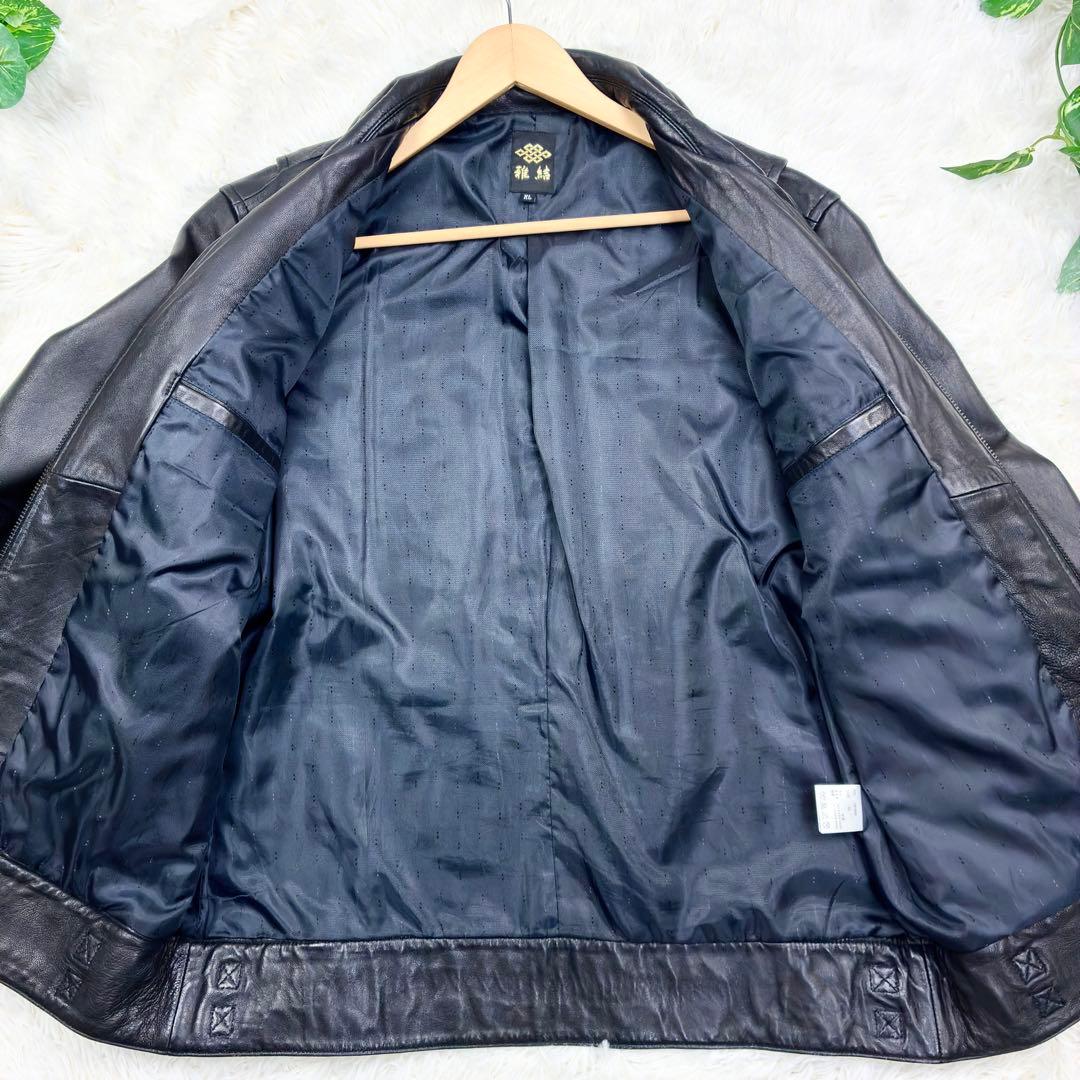 美品　雅結　和柄型押し　ラムレザー　シングルライダース　レザージャケット　XL