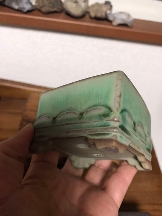 盆栽鉢　超美品時代陶翠緑釉正方雲足ミニ盆栽鉢