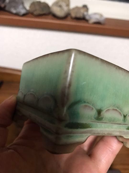 盆栽鉢　超美品時代陶翠緑釉正方雲足ミニ盆栽鉢