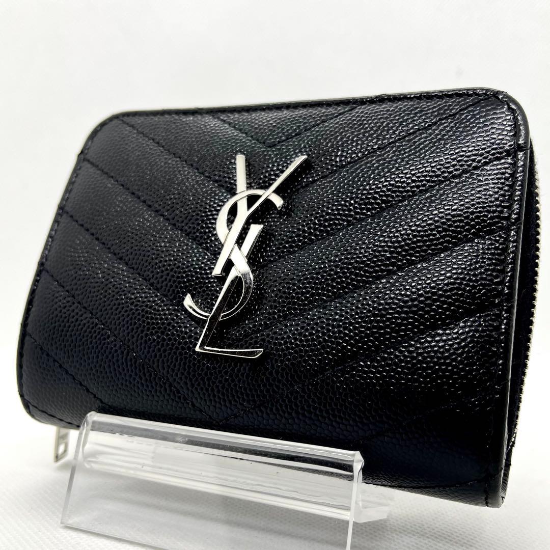極美品✨イヴサンローラン 二つ折り財布 カサンドラ キャビアスキン Vステッチ