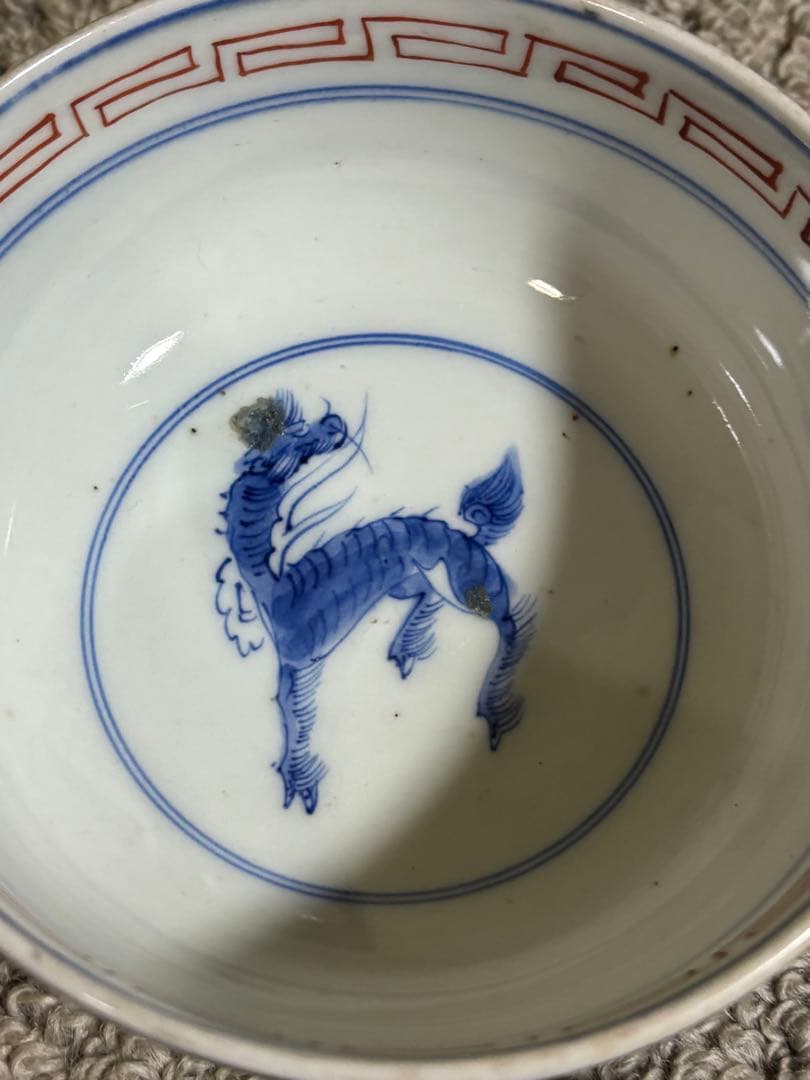 古伊万里色絵金彩蓋茶碗 江戸〜明治期 蓋付き御茶碗 麒麟 銘あり 染付 骨董品