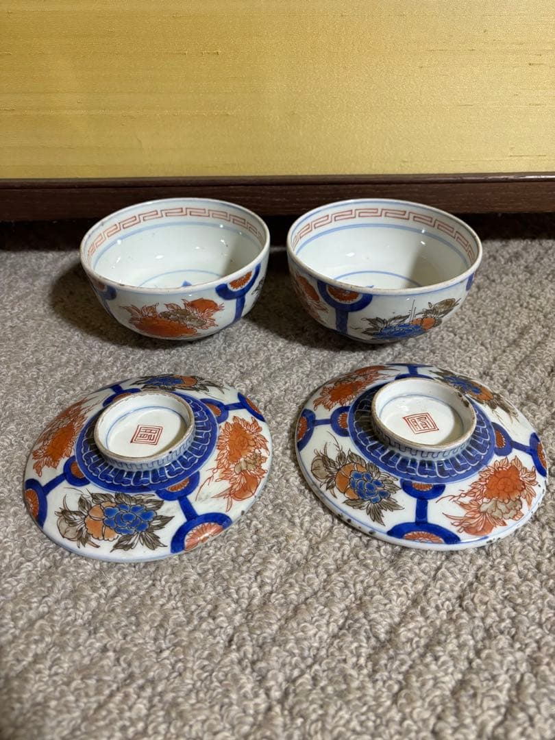 古伊万里色絵金彩蓋茶碗 江戸〜明治期 蓋付き御茶碗 麒麟 銘あり 染付 骨董品