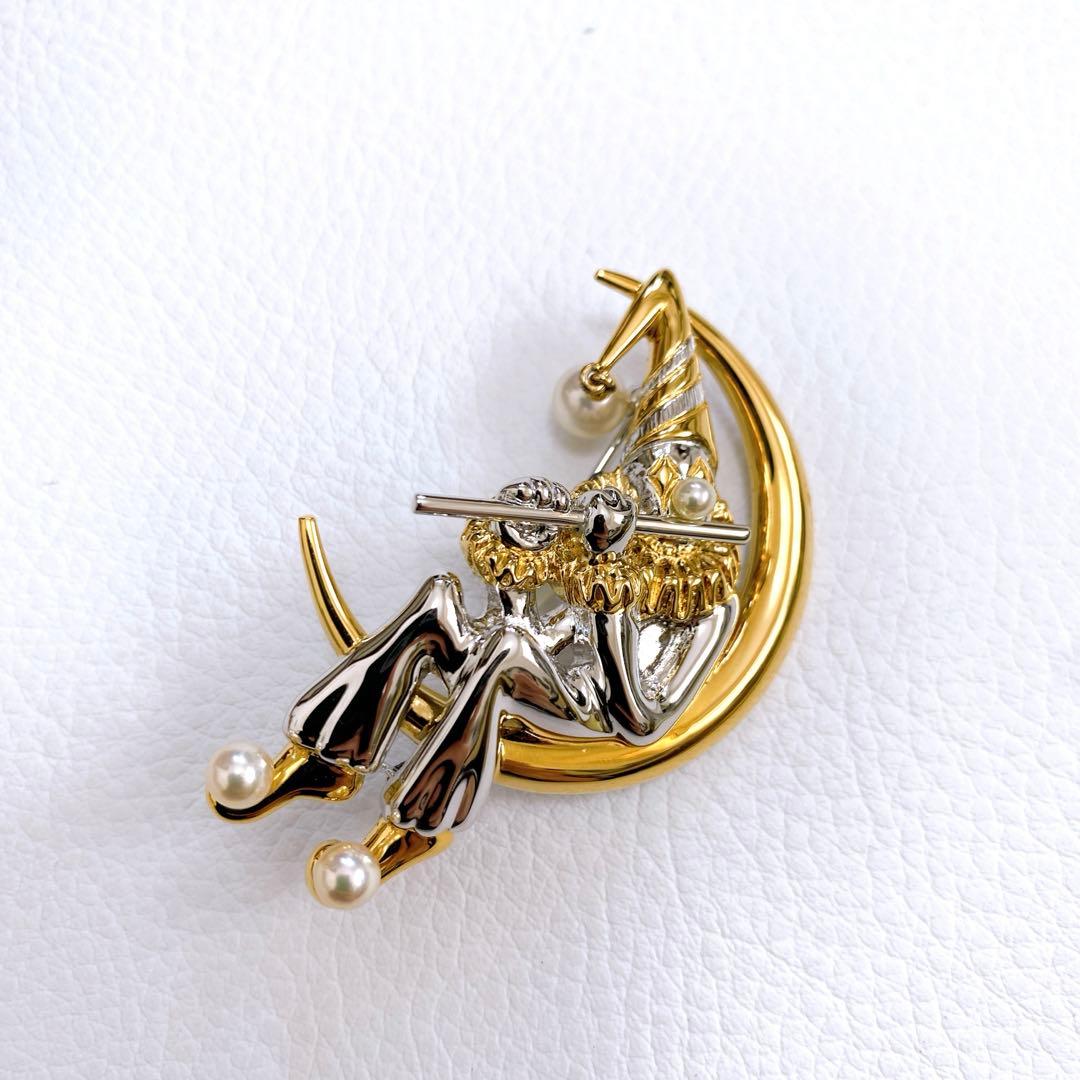 【極美品】ミキモト ブローチ ピエロ 三日月 真珠パール シルバーゴールド