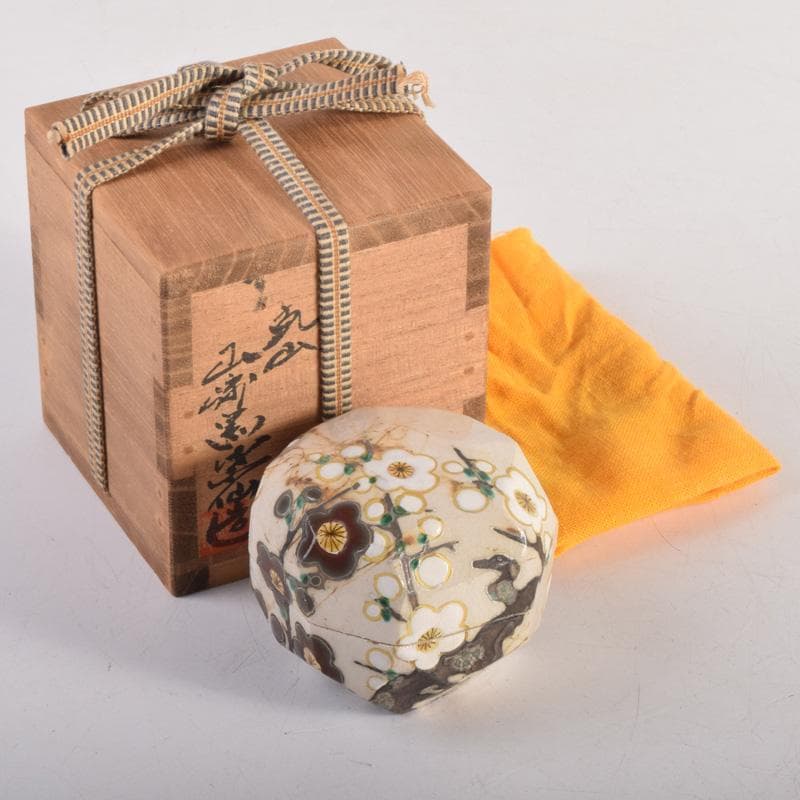 茶道具　山崎窯　浅野紫仙造　乾山写　紅白梅図　香合　共布共箱　V　8302