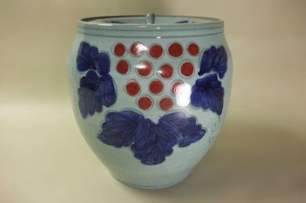 青地 水差し ぶどう絵 銘「春暁」茶道具 美品 未使用 紙箱