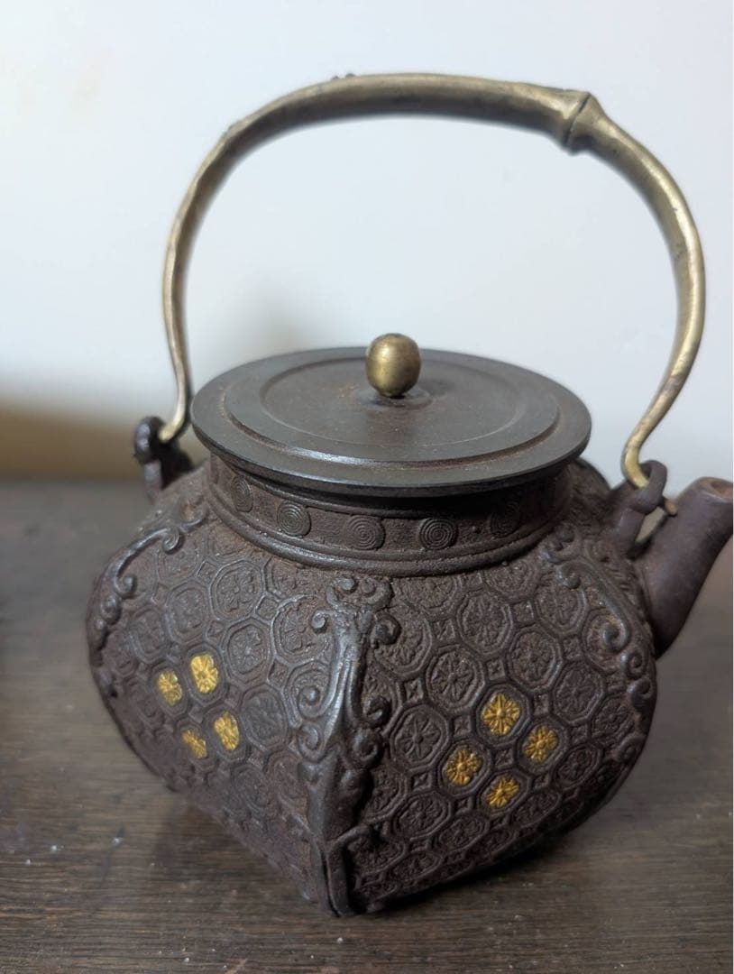 鉄瓶　金　金象嵌　龍文堂　明治　分家　黄銅　鉄蓋