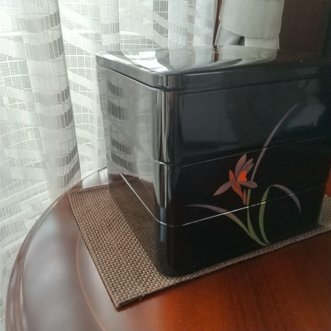 新品　会津塗　重箱 6.5寸 三段重　黒　春蘭