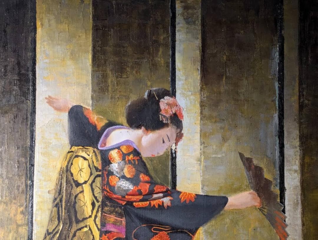 【真作】絵画　油彩12号　優雅な舞姿　着物美人　日本の伝統美　和の情景　V111