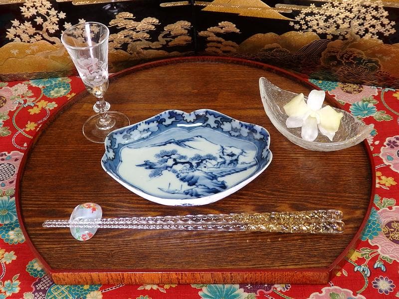 平戸　伊万里　染付　山水紋の図　菱形変形皿　５客　D272AS-fbqc