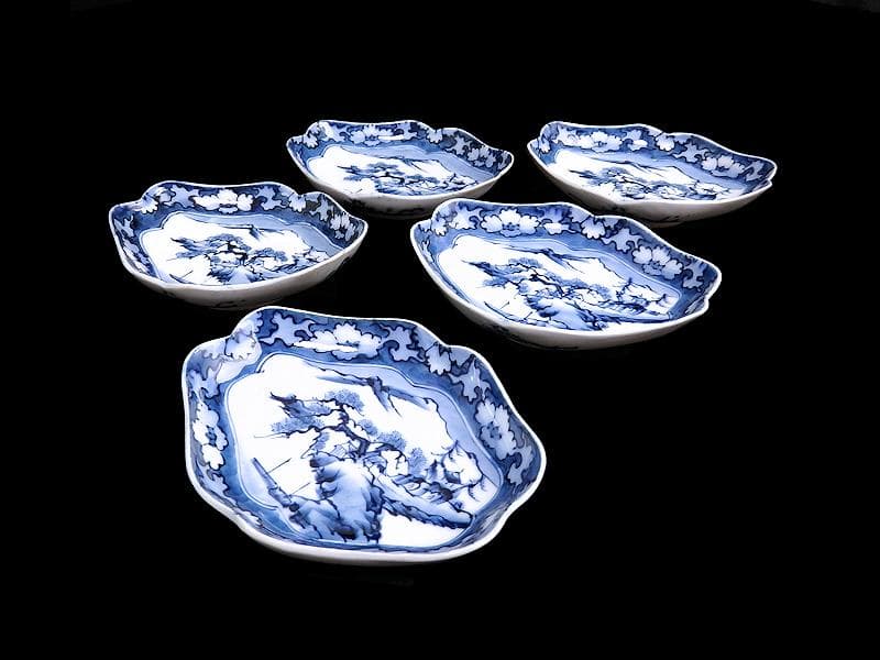 平戸　伊万里　染付　山水紋の図　菱形変形皿　５客　D272AS-fbqc