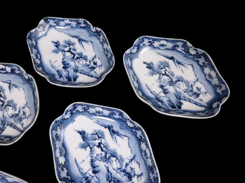 平戸　伊万里　染付　山水紋の図　菱形変形皿　５客　D272AS-fbqc