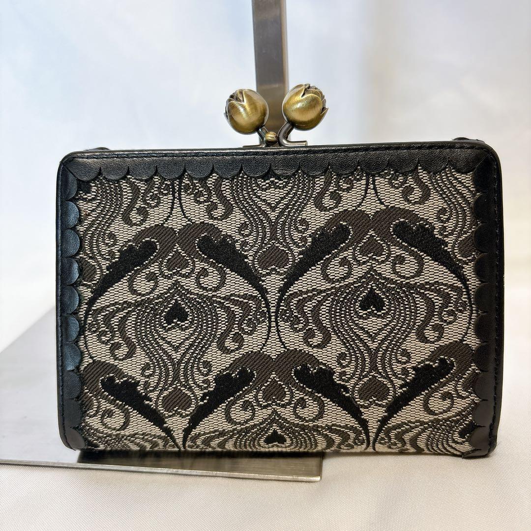 【美品】アナスイ ウォールハート ブラック がま口 折り財布 バタフライ