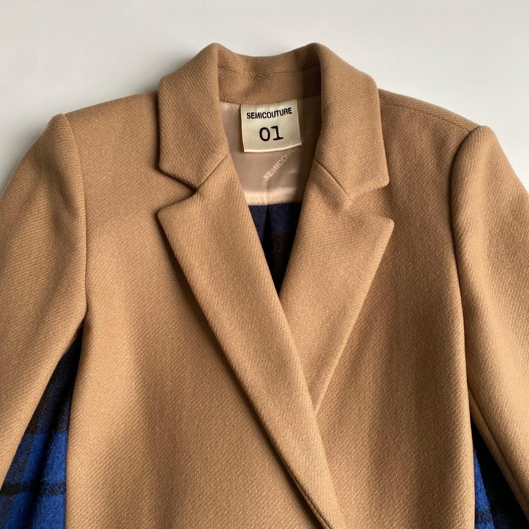 セミクチュール ダブルブレストチェスターコート チェック 青 ブルー ドッキング