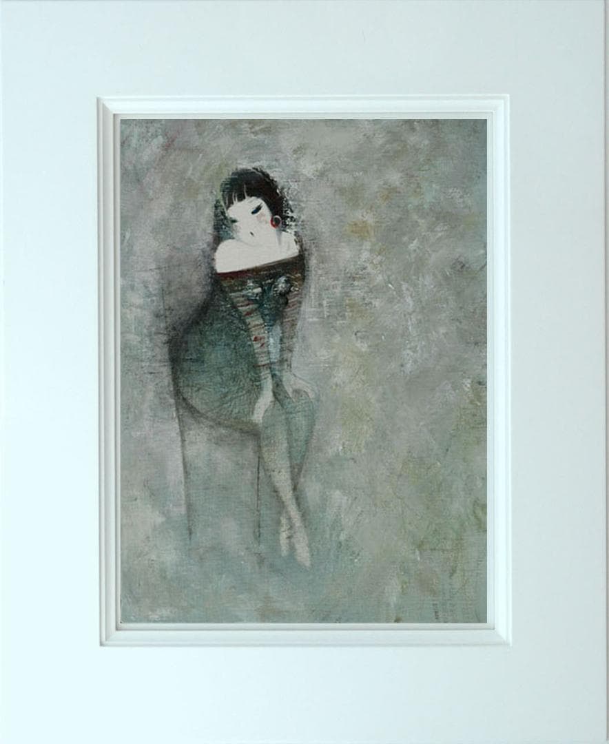 油絵 菅家令子 絵 絵画インテリア額付(青緑＋金色の枠) F6-081012女性