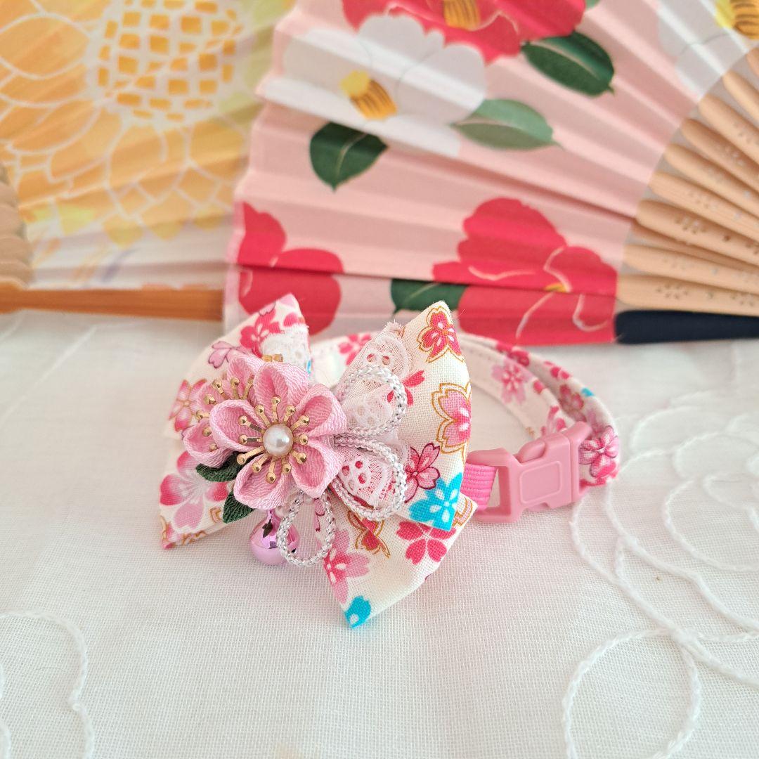 ダブルリボン、和風つまみ細工(白×ピンク)わんちゃん猫ちゃん用首輪