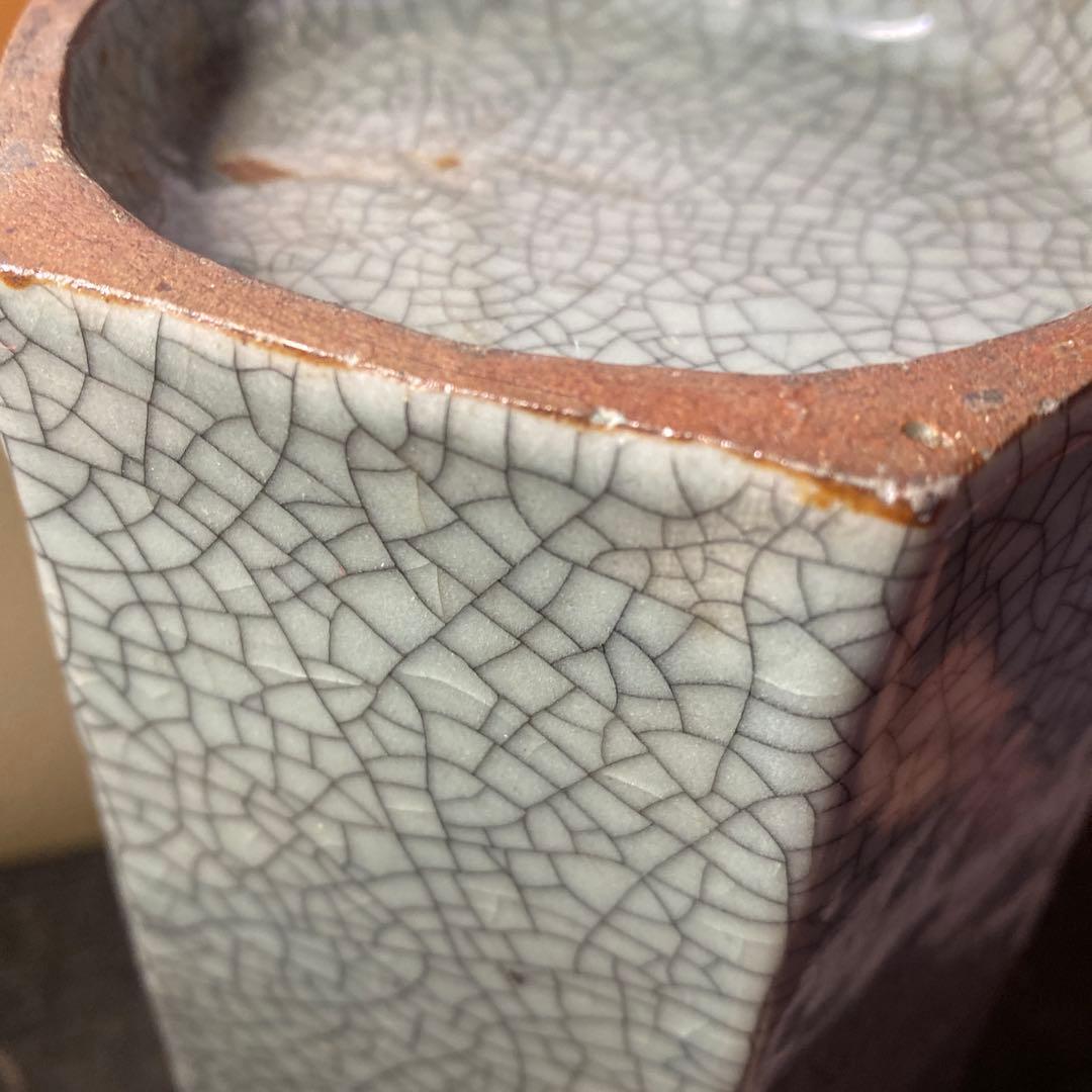 中国古玩　青磁山葡萄文面取花生　31cm13cm