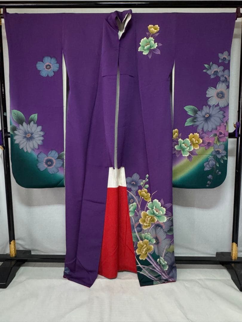 [美品] ヴィンテージ　本振袖　正絹　紫　緑　高身長　成人式　結婚式　礼装