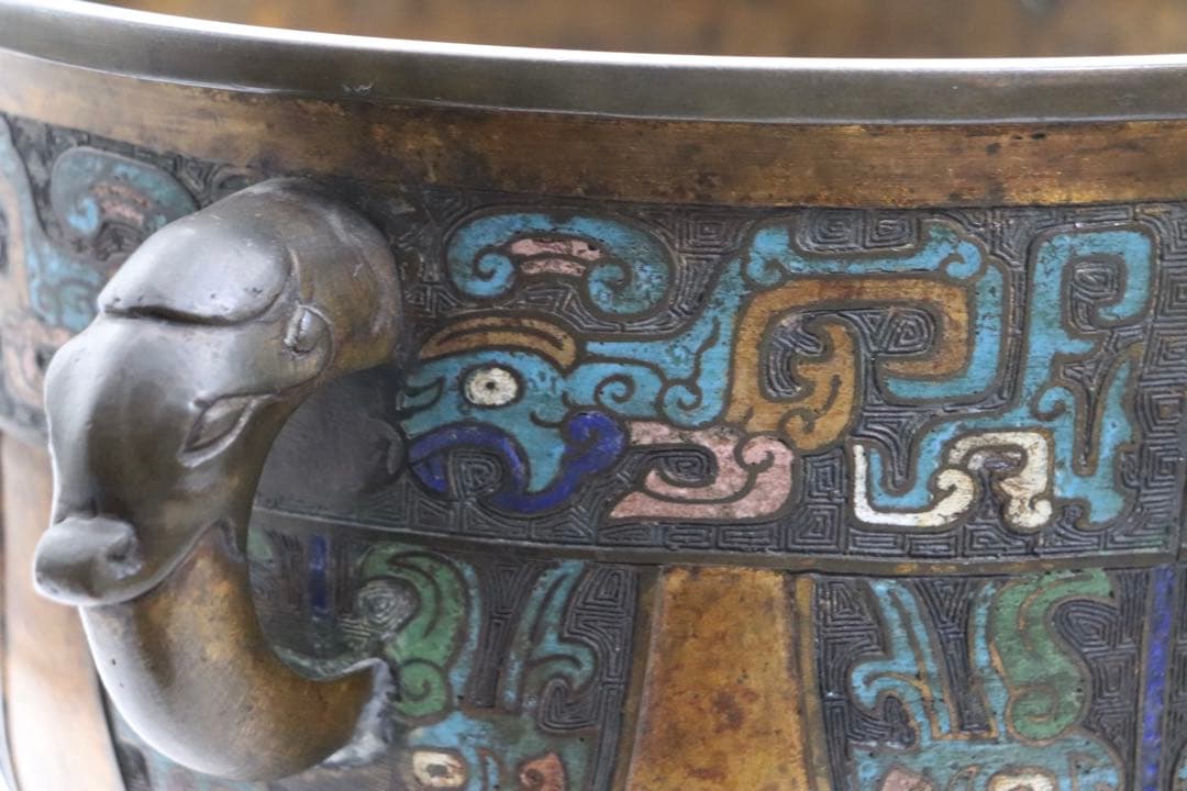 中国　七宝焼　渡金象耳葵龍紋簋　在銘　送料込み251217