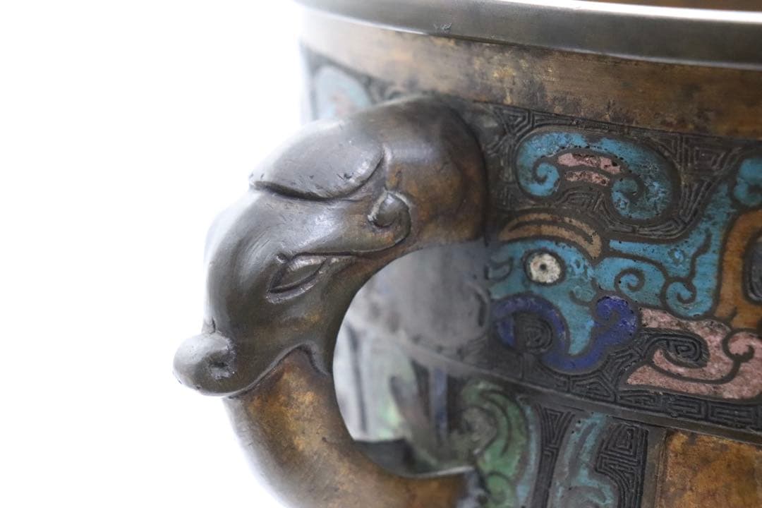 中国　七宝焼　渡金象耳葵龍紋簋　在銘　送料込み251217