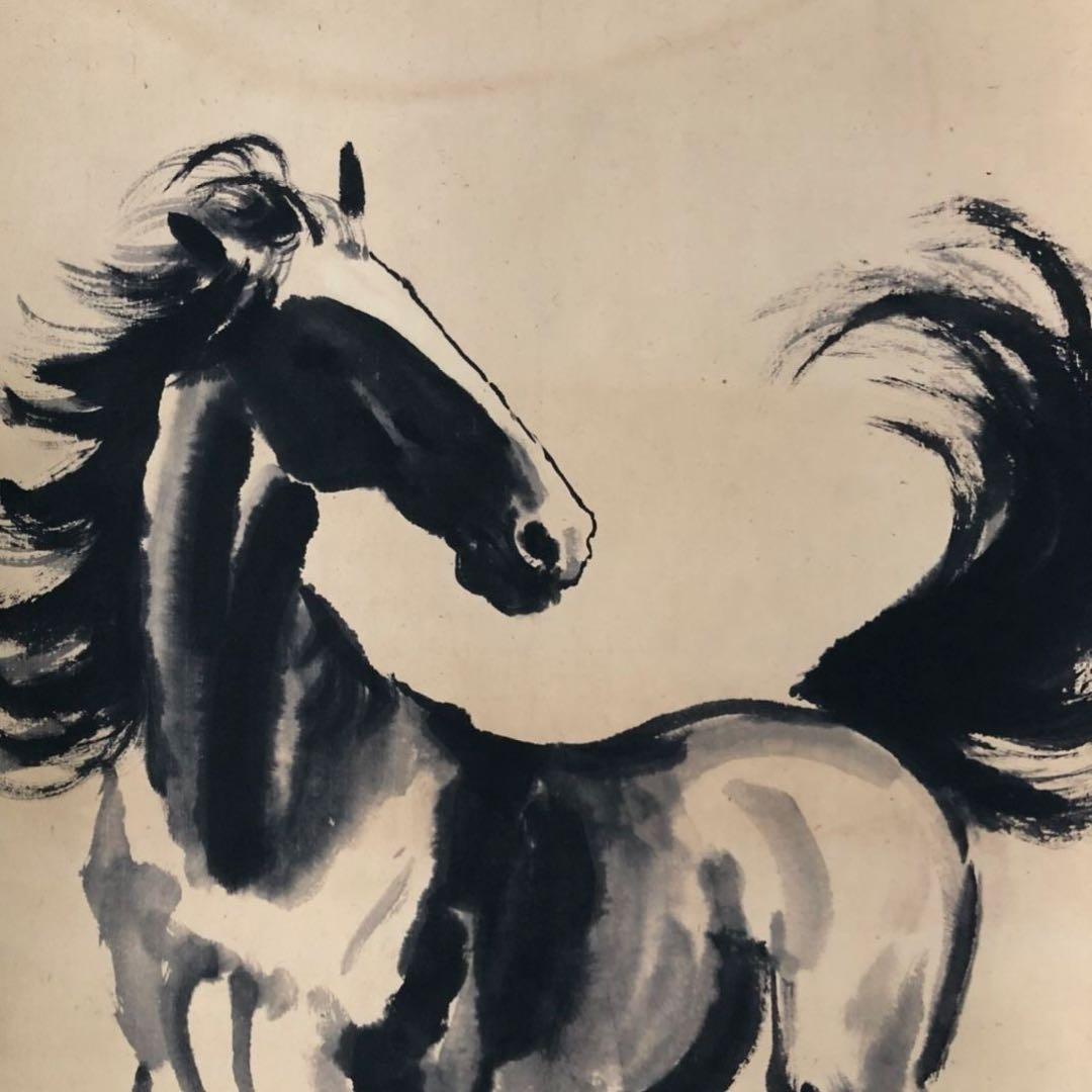 中国美術 掛け軸 馬図 奔馬 水墨画風 中堂 三尺