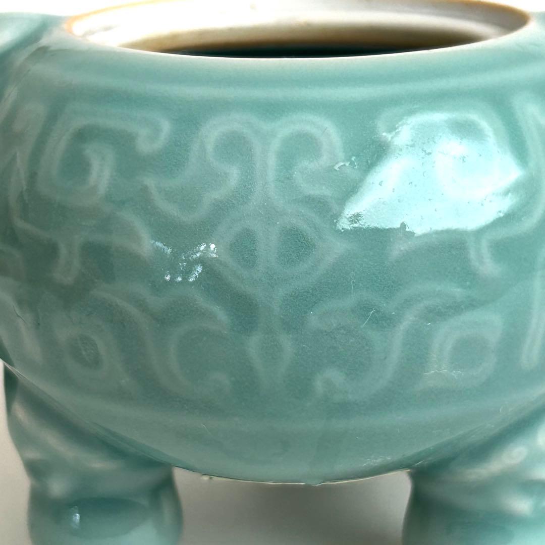 鍋島 小笠原長春 青磁 環付香炉 三足香炉 唐草模様 獅子 桐箱入り