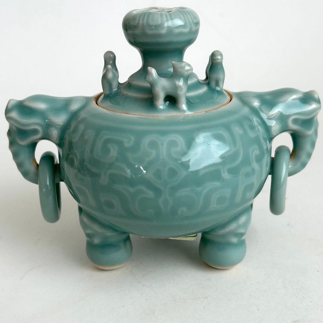 鍋島 小笠原長春 青磁 環付香炉 三足香炉 唐草模様 獅子 桐箱入り