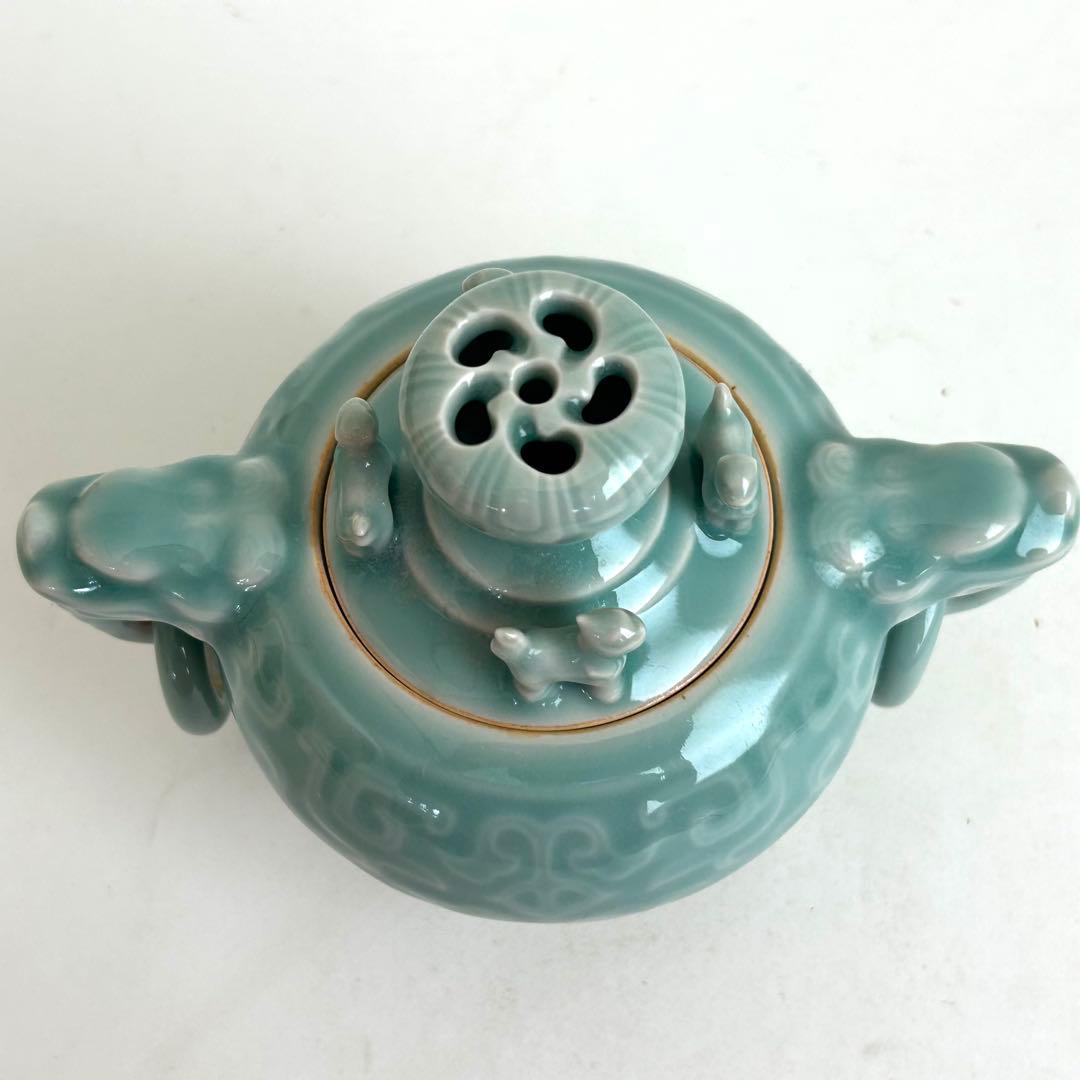 鍋島 小笠原長春 青磁 環付香炉 三足香炉 唐草模様 獅子 桐箱入り