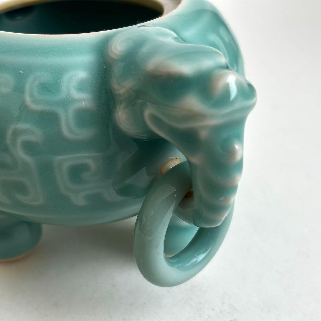 鍋島 小笠原長春 青磁 環付香炉 三足香炉 唐草模様 獅子 桐箱入り