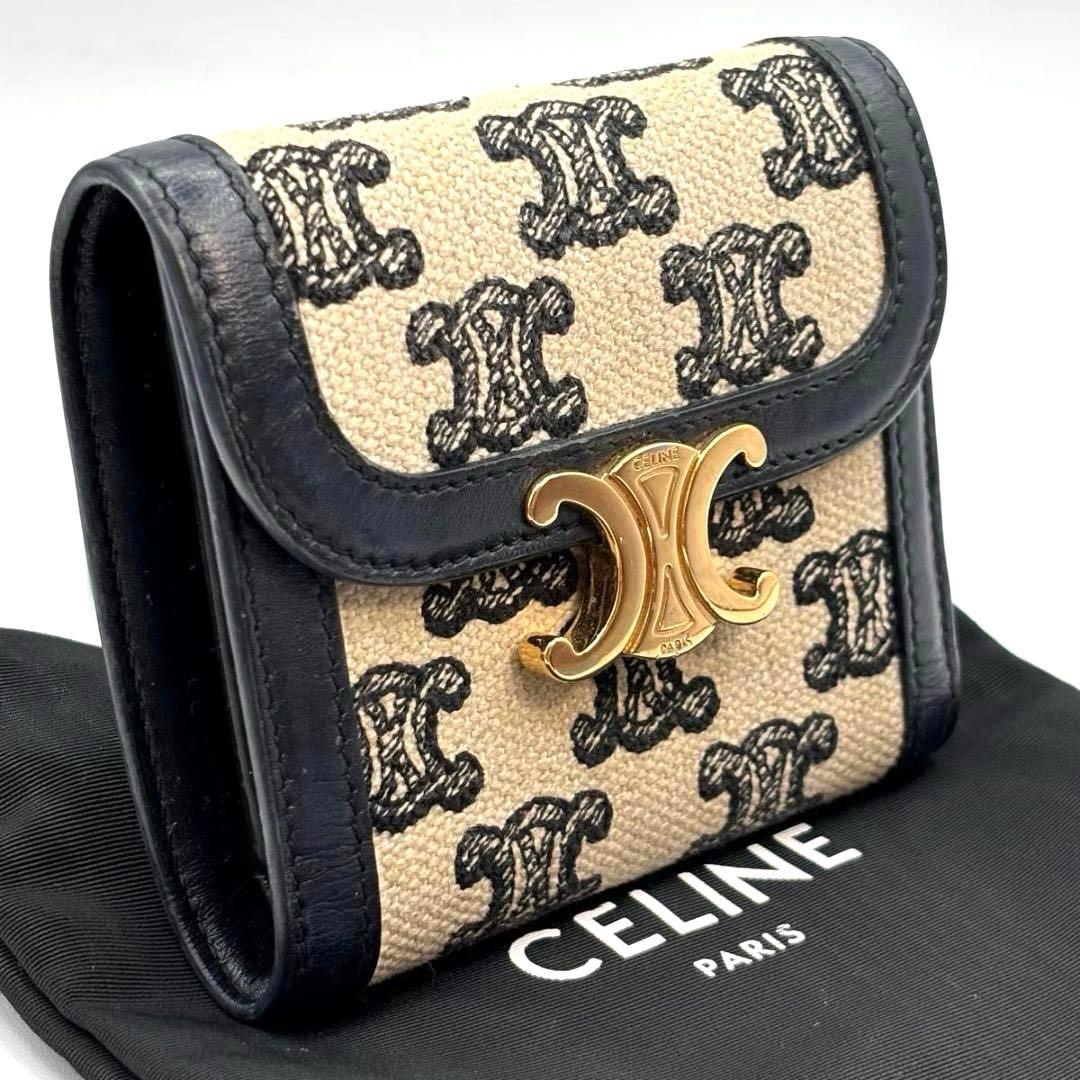 定価17万 セリーヌ 袋 トリオンフ キャンバス 三つ折り財布 エンブロイダリー