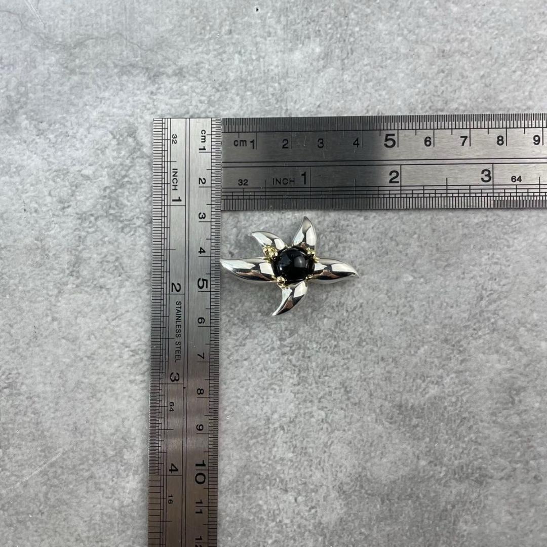 オールドティファニー 希少 オニキス フラワー コンビ ブローチ TZ2fe