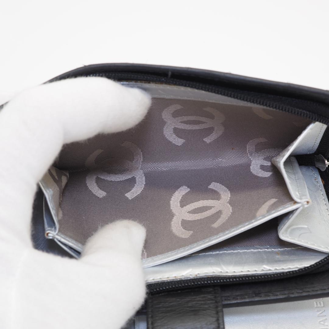 CHANEL シャネル カンボンライン ミドル 2つ折り財布 黒×シルバー