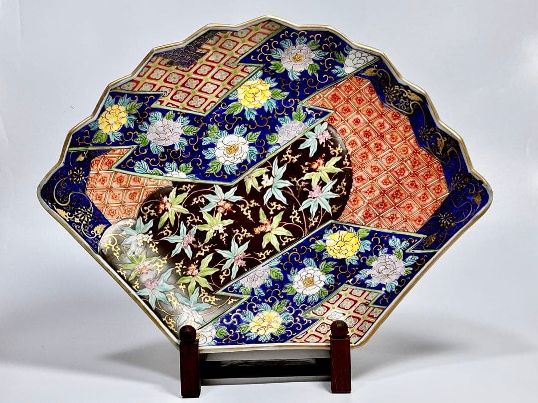 深川栄左衛門 染錦草花有職文扇形大皿 幕末 明治 香 蘭社 有田 伊万里