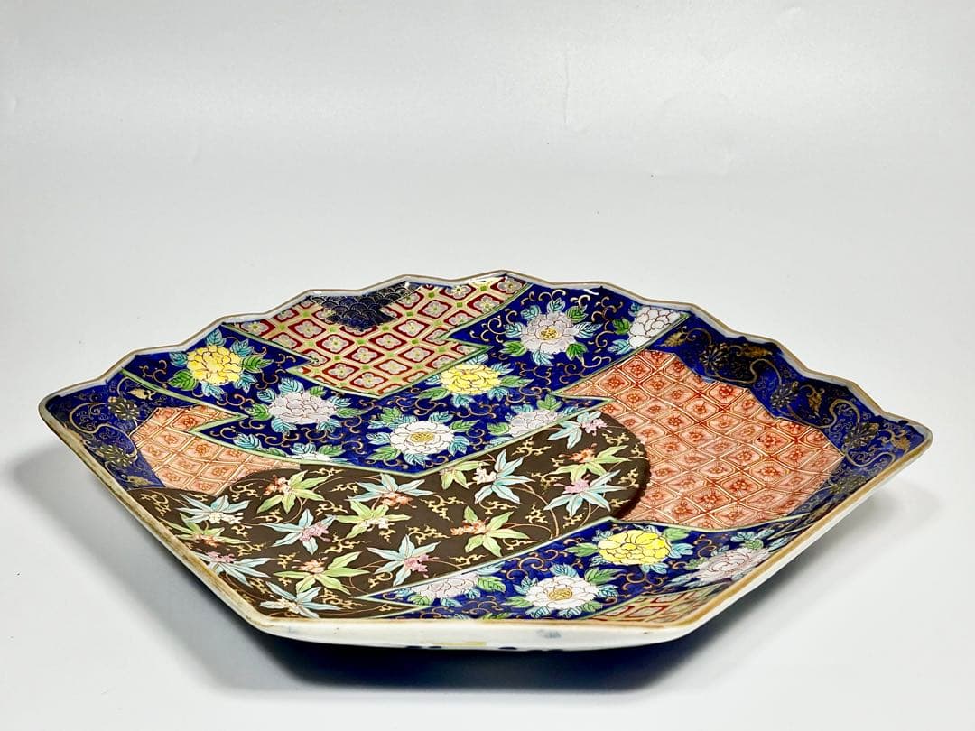 深川栄左衛門 染錦草花有職文扇形大皿 幕末 明治 香 蘭社 有田 伊万里