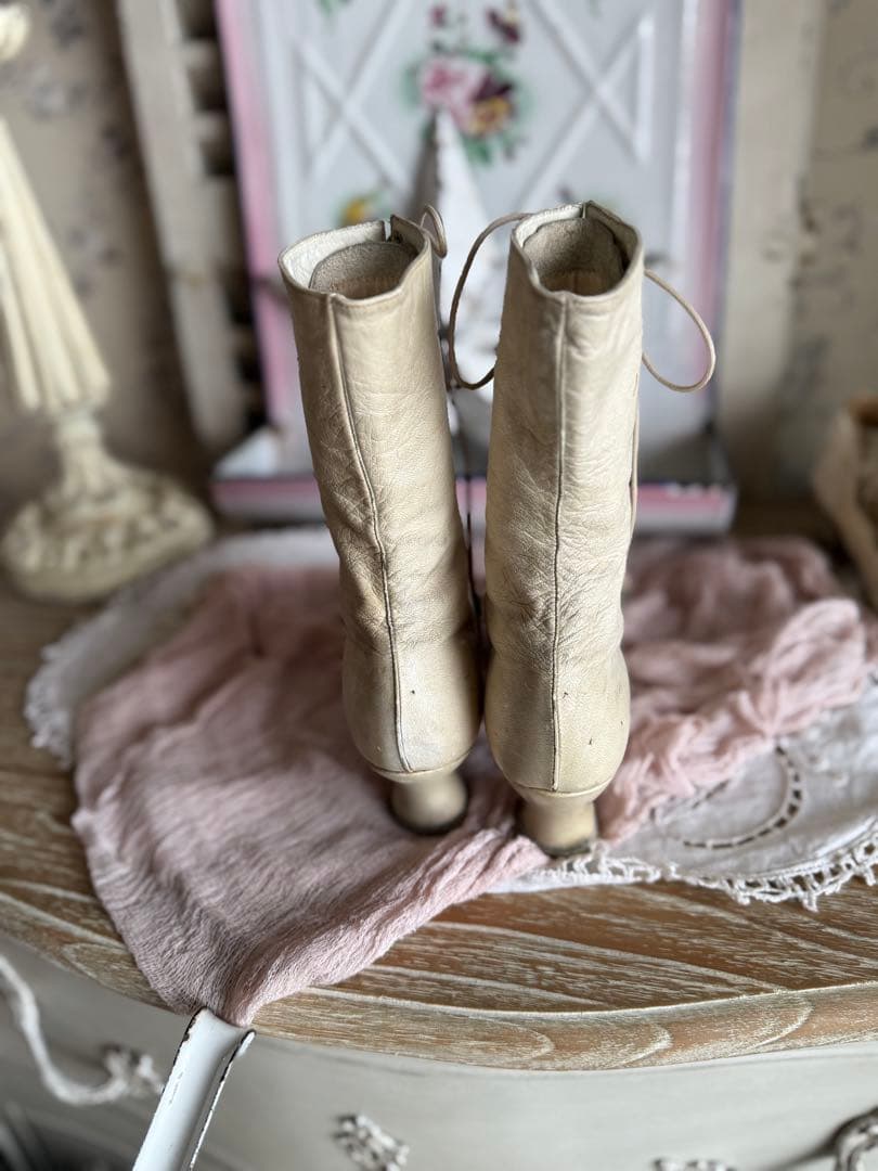 フランスアンティークヴィクトリアンレースアップウェディングレザーブーツシューズ