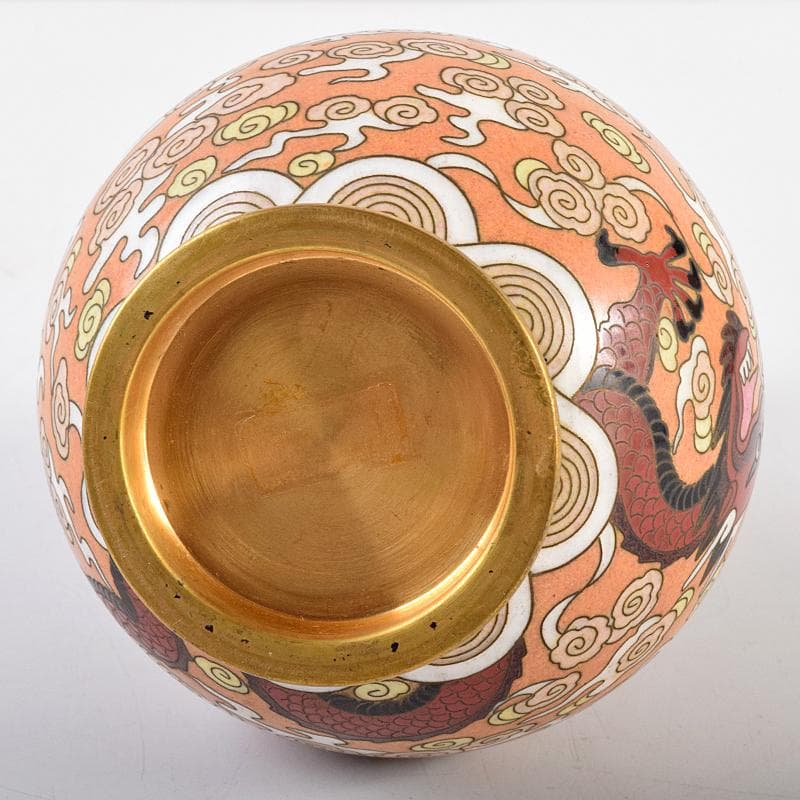 中国　景泰藍　古七宝琺瑯彩　雲竜文　蕾口瓶　共箱　D　R7822