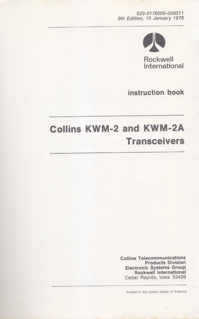 最新版コリンズKWM-2 & KWM-2A 取説　K-523